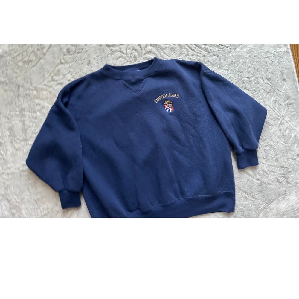 Vintage 90s Limited Jeans Sweatshirt Navy Blue Crest Logo M Cropped Sleeves - Picture 7 of 7